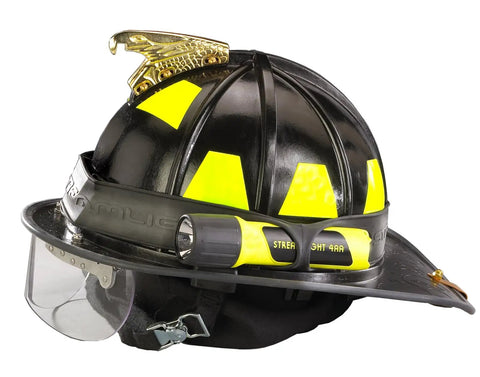 Durable Rubber Helmet Strap For ProPolymer Flashlights securing a flashlight on a black helmet with reflective strips