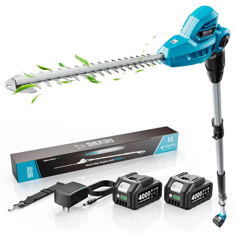 20V Cordless Pole Hedge Trimmer With 16 Inch Dual Action Blade Telescoping 8 Foot Pole Shoulder Strap Two Pack 4Ah Batteries And Charger Included For No Fuss Yard Work And Easy Bush Pruning