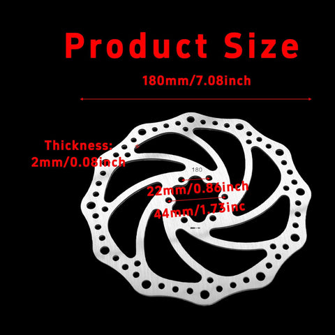 180mm Stainless Steel Disc Brake Rotor With 6 Bolts And T25 Torx Wrench For Mountain Road Bike MTB BMX Bicycle Heat Resistant Anti Rust 44mm Bolt Circle Hub with size specifications displayed on black background