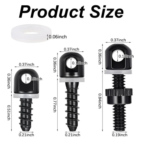 Badass Sling Swivel Studs Kit Featuring Six Heavy Duty Wood Bolt Mounts And Rifle Shotgun Tapping Screws For Dead Sure Grip on product size details including screws and washers.