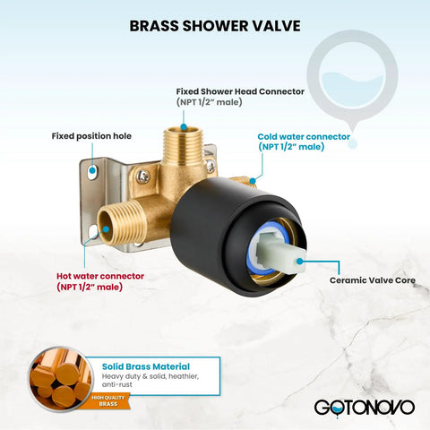 Two In One Shower Valve With Trim Kit Matte Black Shower Head And Handle Set showing brass rough-in valve.