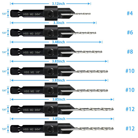 7 Piece M2 Countersink Drill Bit Set With 3 In 1 Countersink And Counterbore Fits 4 To 12 Screws Adjustable Depth Stop Quick Release Hex Shank Includes 2 Allen Wrenches 82 Degree Countersinks And Three Eighths Inch Counterbore Bits Pro Grade image showing drill bit sizes