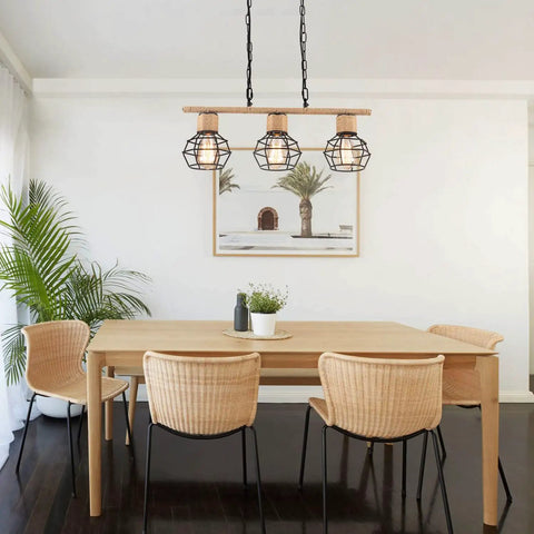 Farmhouse Three Light Bamboo Cage Pendant Light With Hemp Rope Accent Black Finish Dope Rustic Fixture above dining table