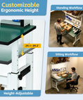 Solid Ecommerce Packing Table And Mobile Shipping Station With Built In Power And Led Lights, Ergonomic Standing Workbench Featuring Esd Safe Surface, Tape Dispenser, Storage Shelves, Built Tough Frame, Smooth Rolling Wheels, 1400 Lb Capacity showing height-adjustable function for standing and sitting workflows.
