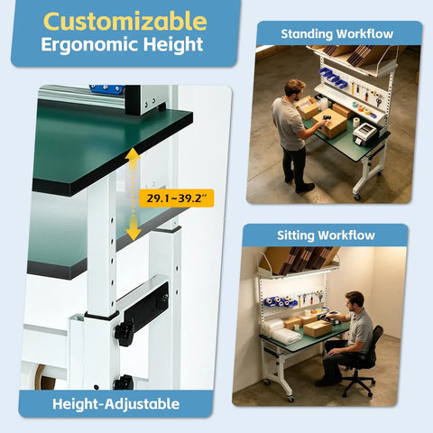 Solid Ecommerce Packing Table And Mobile Shipping Station With Built In Power And Led Lights, Ergonomic Standing Workbench Featuring Esd Safe Surface, Tape Dispenser, Storage Shelves, Built Tough Frame, Smooth Rolling Wheels, 1400 Lb Capacity showing height-adjustable function for standing and sitting workflows.