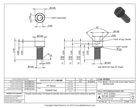 Professional Grade Hella Rugged Number Zero By Eighty Thread By One Eighth Inch Unf Socket Head Machine Screws dimensions and specifications drawing.
