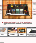 Heavy Duty Portable Standing Desk Workstation For Jobsite And Garage Use Folds Flat For Easy Storage Adjustable Height Hanging Work Surface Black Finish with organized pockets and wide workspace in a garage setting