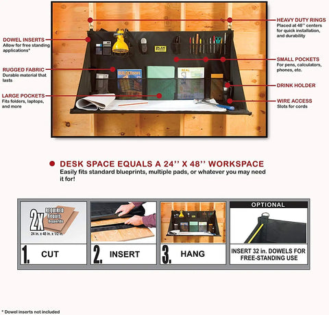 Heavy Duty Portable Standing Desk Workstation For Jobsite And Garage Use Folds Flat For Easy Storage Adjustable Height Hanging Work Surface Black Finish with organized pockets and wide workspace in a garage setting