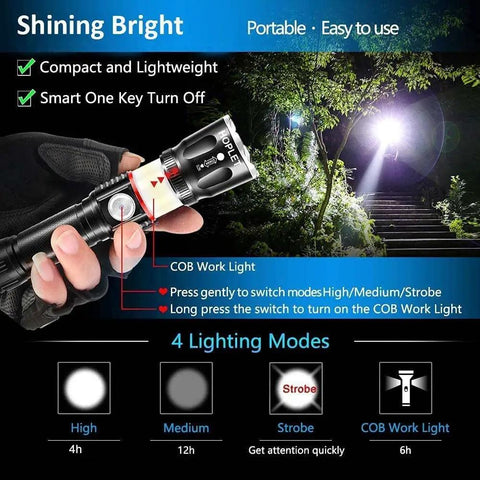 Hand holding Magnetic LED Flashlight 360 COB Beast 5000 Lumen Waterproof Zoomable 4 Modes in dark outdoor setting, showing lighting modes.