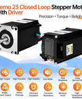 Front view of two devices: black NEMA 23 closed-loop stepper motor with integrated driver and cables