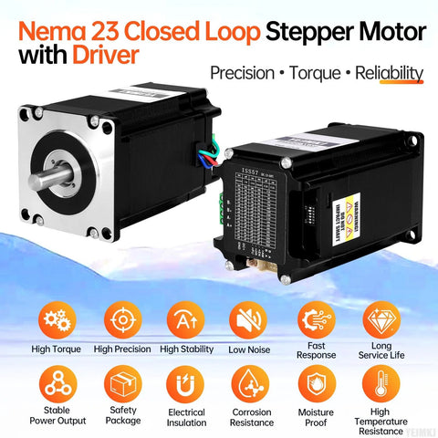 Front view of two devices: black NEMA 23 closed-loop stepper motor with integrated driver and cables
