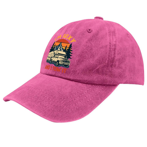 Rose red cap with "I'm Sexy And I Tow It Vintage Funny Camping RV Camper Truck Hats For Men With Adjustable Straps Outdoor Adventure" design.