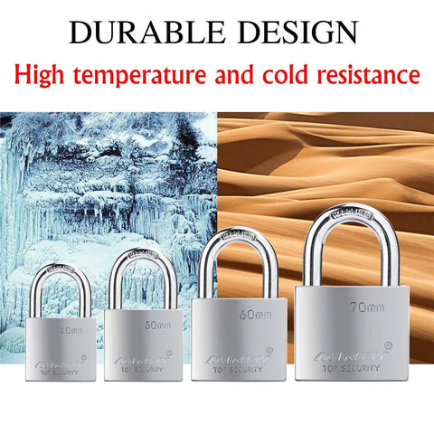 Four padlocks with various sizes, including 70mm Heavy Duty Beefy Padlock With Waterproof Seal For Indoor Outdoor Use.