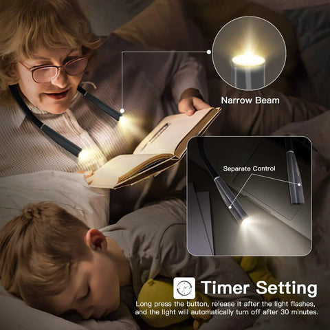 Rechargeable LED Neck Reading Light With Dual Heads, 3 Color Temperatures And 6 Brightness Levels in use for bedtime reading, adjustable.