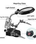 Helping Hands Magnifying Glass Soldering Station With LED Lighted Magnifier 3.5X 12X showing parts labeled and battery compartment