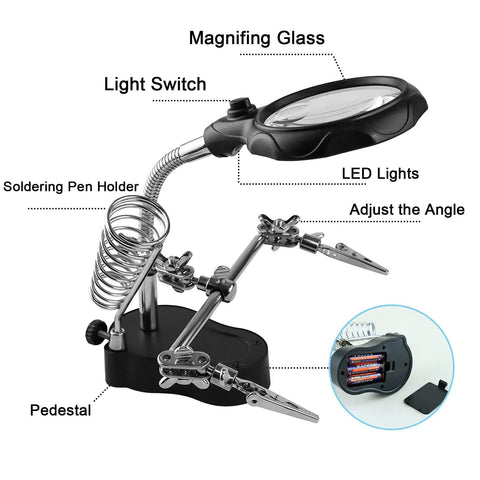 Helping Hands Magnifying Glass Soldering Station With LED Lighted Magnifier 3.5X 12X showing parts labeled and battery compartment