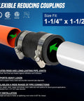 Flexible PVC Reducing Coupling With Stainless Steel Clamps One And A Half Inch By One And A Quarter Inch Black DWV Piping Fitting