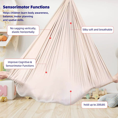 Kids Sensory Swing Chair For Indoor And Outdoor Chill, Cuddle Hammock Therapy Seat hanging in a room, silky fabric stretched.