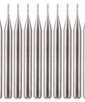 Front view of 10‑pc carbide end mills set, 0.6 mm diameter, 1/8 in shank for PCB milling