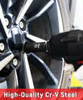 Heavy-Duty 19-Piece One-Half Inch Drive SAE Impact Socket Set in use on car wheel, featuring six-point CR-V alloy steel.
