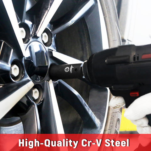 Heavy-Duty 19-Piece One-Half Inch Drive SAE Impact Socket Set in use on car wheel, featuring six-point CR-V alloy steel.