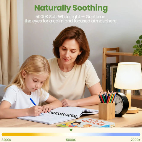 Mother and daughter studying under natural light with a lamp; 5000K soft white light creating a soothing atmosphere.