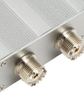 3 Band VHF UHF HF Antenna Combiner with Power Split for DIY Install, close-up of dual connectors on aluminum casing, durable build