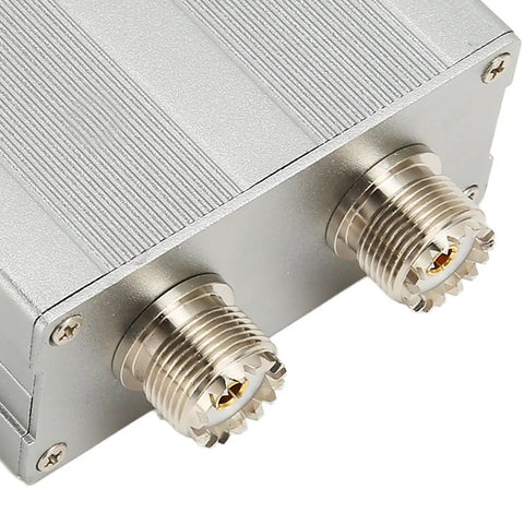 3 Band VHF UHF HF Antenna Combiner with Power Split for DIY Install, close-up of dual connectors on aluminum casing, durable build
