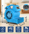 Powerful Air Mover 1/8 HP 550 CFM Carpet Dryer and Floor Blower With 3 Speed Settings, blue portable fan with dimensions and features