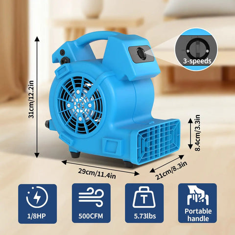Powerful Air Mover 1/8 HP 550 CFM Carpet Dryer and Floor Blower With 3 Speed Settings, blue portable fan with dimensions and features