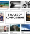 Collage of eight rules of composition in photography, including rule of thirds and leading lines, with example images and text.