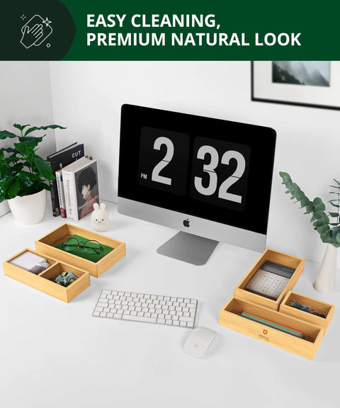 Premium Five Piece Bamboo Drawer Organizer Set Featuring Versatile Storage Trays For Kitchen Bedroom And Office Transform Junk Drawers Instantly on a desk with office supplies.