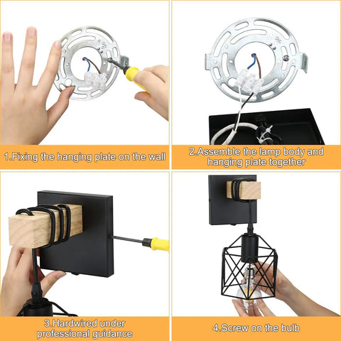 Installation process of Black Wall Sconce Set With On Off Switch Dimmable Cage Wall Mount Light Fixture Industrial Farmhouse Lighting Pack Of 2 Vintage Cage Shade Lamp For Living Room Or Bedroom.