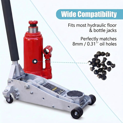 Six Pack Bottle Jack And Floor Jack Oil Filler Plug Set With 8Mm Rubber Plugs for hydraulic jacks shown beside floor jack