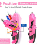 Pink Cordless Mini Screwdriver Kit With 3.7V Rechargeable Power, shown with two-position pivoting handle feature.