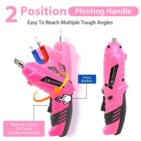 Pink Cordless Mini Screwdriver Kit With 3.7V Rechargeable Power, shown with two-position pivoting handle feature.