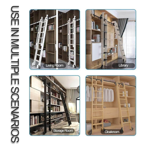 Super Sturdy Retractable Sliding Ladder Track Hardware Kit For Heavy Duty Steel Floor Roller Mobile Ladder System, 300 Cm Track in library, living, storage, and cloakroom scenarios.