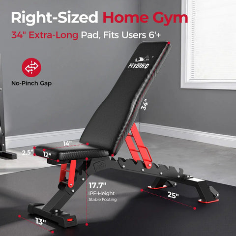 Heavy Duty Adjustable Weight Bench For Home Gym 1300Lbs Capacity Flat To Incline Bench Press With 34 Inch Extra Long Backrest