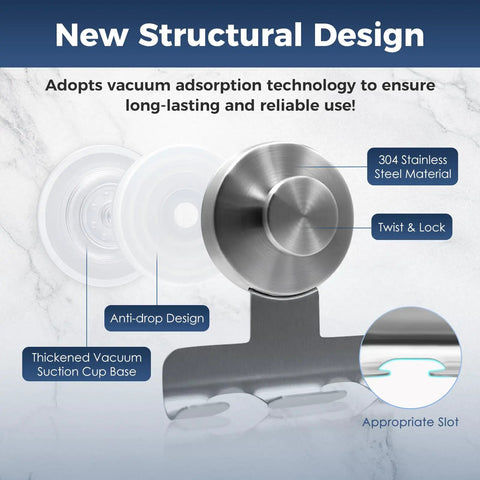 Close-up of heavy-duty shower razor holder with 7KG suction, showing rust-resistant metal shaver hooks and tool-free mount.