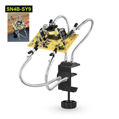 Four Arm Third Hand Soldering Station with Gooseneck Arms and Tip Clamps Holding PCB on Workbench