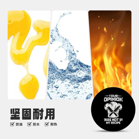 Your Opinion Was Not In My Recipe Round Acrylic Fridge Decor Magnet 2.45 Inch on display next to oil, water, and fire graphics.