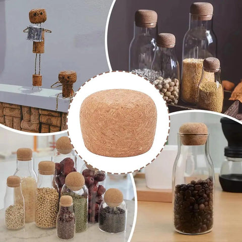 Collage of 8 Pack Wooden Cork Stoppers For Wide Mouth Bottles 1 To 2 Inch Opening Tapered Corks in various kitchen setups