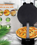Heavy Duty Electric Tortilla Press 10 Inch Non Stick Roti Maker With Adjustable Heat Control showing pizza cooking.