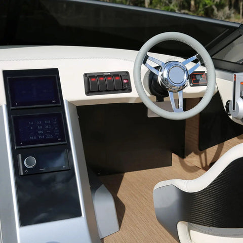 Marine Rocker Switch LED Light Bar 3 Pin With Red Backlit, SPST On Off Switch installed on boat dashboard