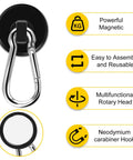 Heavy Duty Magnetic Hooks Set, 70 Lbs Neodymium Magnets With Swivel Carabiner features and carabiner close-up, Pack of 6