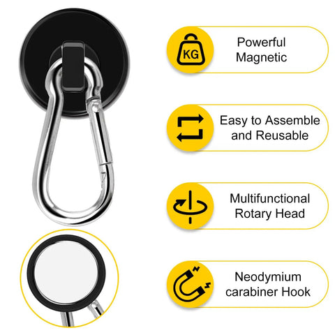 Heavy Duty Magnetic Hooks Set, 70 Lbs Neodymium Magnets With Swivel Carabiner features and carabiner close-up, Pack of 6