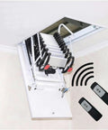 Sturdy Remote Telescopic Ladder And Electric Ceiling Hatch Featuring Reinforced Handrails Slick Folddown Design For Quick Attic Access and Sweet Space Saving Flex All Around with remote control.