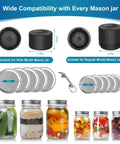 Image of Mason Jar Vacuum Sealer Kit For Wide Mouth And Regular Mouth Jars, Electric Automatic Sealer With Opener, VP06 Plus, Includes 5 Pairs Of Lids, Keeps Pantry Staples Fresh, Easy Peasy Kitchen Gadget, showing components and compatible jars.