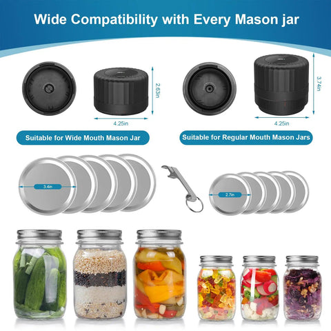 Image of Mason Jar Vacuum Sealer Kit For Wide Mouth And Regular Mouth Jars, Electric Automatic Sealer With Opener, VP06 Plus, Includes 5 Pairs Of Lids, Keeps Pantry Staples Fresh, Easy Peasy Kitchen Gadget, showing components and compatible jars.