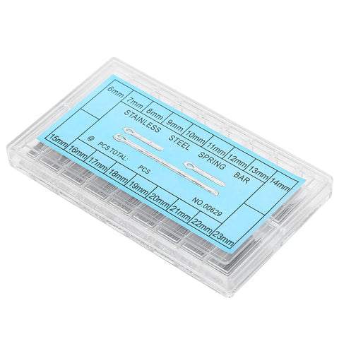 No Sweat Watch Band Link Cotter Pin Assortment Set Stainless Steel Spring Bars in clear storage case with measurement guide.